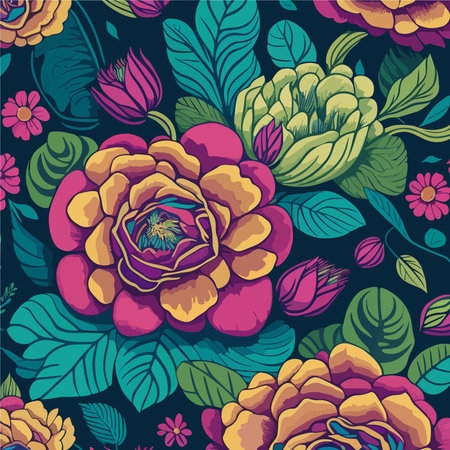 Floral abstract art background with pink and yellow peony, rose flowers and leaves. Elegant dark wallpaper. Colorful vector illustration on black background. Banner, design for cards, invitationsのイラスト素材