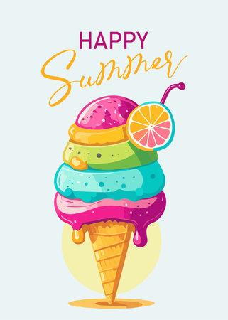 Happy summer card, banner with Ice cream in the waffle cone abstract cartoon vector illustration. Social Media Post Template, advertising, sign, cover design isolated on neutral blue backgroundのイラスト素材