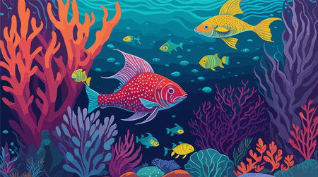 Underwater vector background. Life at sea or ocean bottom. Exotic undersea world with coral reef, colorful fish, cute underwater creatures. Marine landscape, seascapeのイラスト素材