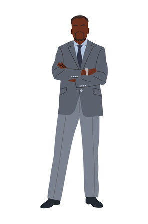 Black Business man character standing with his arms crossed. Handsome african american man wearing formal suit and tie. Vector realistic illustration isolated on white backgroundのイラスト素材
