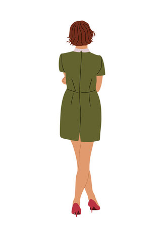 Young Woman standing full length rear view. Businesswoman in smart casual clothes from behind, turned back. Cartoon girl Character backside. Vector realistic illustration isolated on white backgroundのイラスト素材