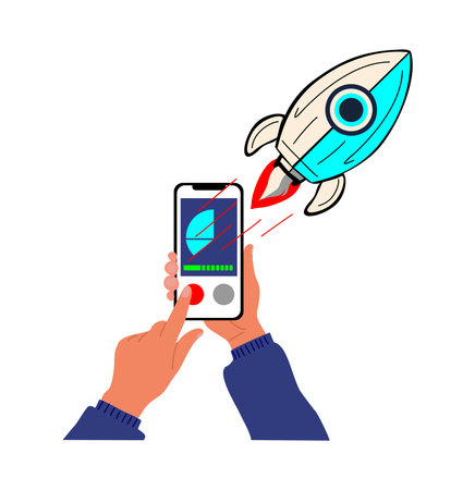 Rocket launch from smartphone app. Startup, successful innovative business concept. Businessman hand holding smart phone. Cartoon vector illustration isolated on white backgroundのイラスト素材