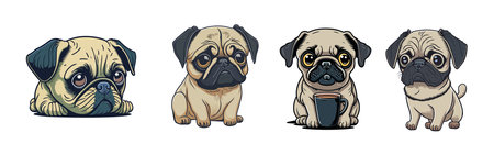 Cute dog, pug breed set. Funny puppy, small canine animal lying, sitting, with mug of coffee or tea. Little purebred doggy, pup. Flat cartoon vector illustrations isolated on white backgroundのイラスト素材