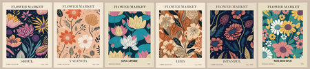 Set of abstract Flower Market posters. Trendy botanical wall arts with floral design in danish pastel colors. Modern naive groovy funky interior decoration, paintings, prints. Vector art illustrationのイラスト素材