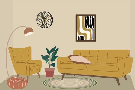 Living room with furniture and decor. Cozy apartment furnished with sofa, armchair, floor lamp. Mid century modern home interior design with house plant, picture, carpet. Flat vector illustrationのイラスト素材