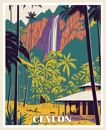 Travel Destination Poster in retro style. Ceylon, Sri Lanka, South Asia. Exotic summer vacation, tropical holidays concept. Vintage vector colorful illustrationのイラスト素材
