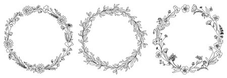 Set of Hand drawn floral wreath line art vector.のイラスト素材