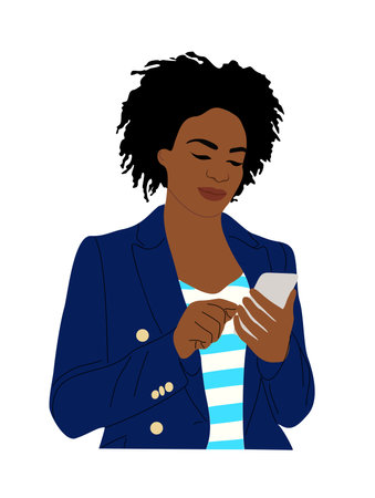 Black business woman holding mobile phone vector.のイラスト素材