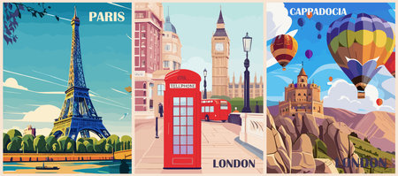 Set of Travel Destination Posters in retro style. Paris, France, London, England, Cappadocia, Turkey prints. Europe summer vacation, international holidays concept. Vintage vector illustrationsのイラスト素材