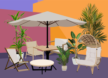 Cozy Patio with Outdoor furniture, potted plants.のイラスト素材