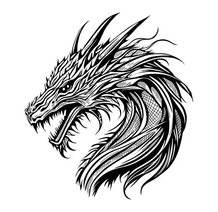 Japanese dragon black and white drawing, ink sketch, tattoo design. Ancient Asian traditional animal. Chinese 2024 New Year zodiac sign, Horoscope symbol. Vector engraved style illustration isolatedのイラスト素材