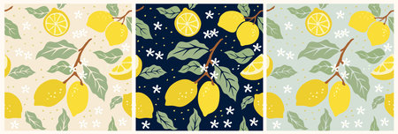 Seamless Lemon pattern with tropic fruits, leaves, flowers. Fruit repeated background. Hand drawn...
