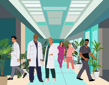 Medical workers in hospital corridor vector scene.のイラスト素材