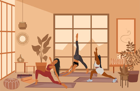 Yoga class in modern japandi style interior vectorのイラスト素材