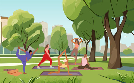 Different girls doing yoga in city park vector.のイラスト素材
