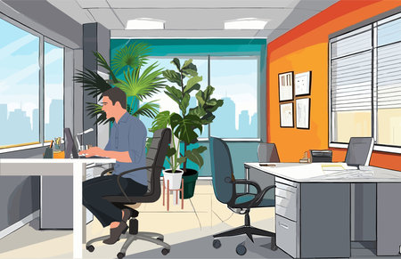 Business man at desk at work in office vector.のイラスト素材
