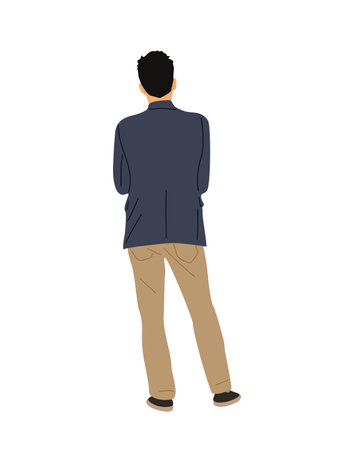 Young business man Standing Back View. Cartoon male Character Wearing smart casual office outfit rear View. Vector illustration Isolated on white Backgroundのイラスト素材