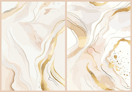 Set of Modern fluid watercolor, white and gold marble backgrounds, alcohol ink paintings, elegant card design for birthday invite, wedding, boho wall art. Vector pastel illustrationsのイラスト素材