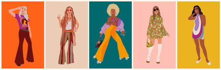Set of Beautiful hippie girls in retro outfits.のイラスト素材