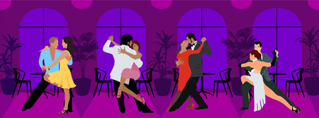Latina dance Party. Dancer couples in tango poses.のイラスト素材