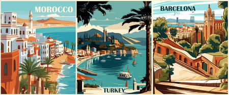 Set of Travel Destination Posters in retro style.のイラスト素材