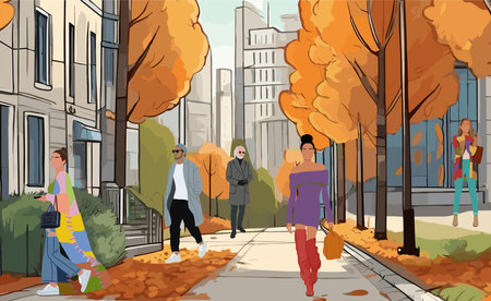 Different people walking standing on autumn streetのイラスト素材