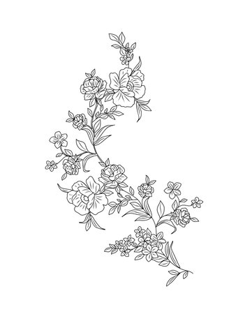wild flowers and plants line art vector botanical illustrations. Trendy greenery hand drawn black ink sketches collection. Modern design for logo, tattoo, wall art, branding and packagingのイラスト素材