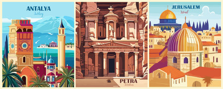 Set of Travel Destination Posters in retro style. Antalya, Turkey, Petra, Jordan, Jerusalem, Israel prints. Exotic summer vacation, international holidays. Vintage vector colorful illustrationsのイラスト素材
