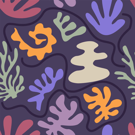 Modern abstract seamless pattern with colorful shapes in Matisse style on dark background. Trendy vector illustration in flat style for wrapping paper, textile print, wallpaper, cover, surface designのイラスト素材