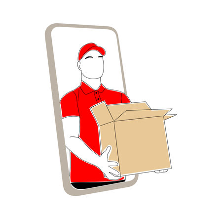 Online delivery phone concept. Smartphone with Man holding craft box. Delivery app with guy courier in red uniform. Simple vector hand drawn outline illustration isolated on white backgroundのイラスト素材