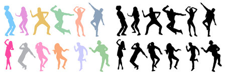 Dancing people silhouettes black and colorful. Teenagers, Young girl and boy dancing street dance, hip hop at party or night club. Outline vector drawing isolated on white backgroundのイラスト素材