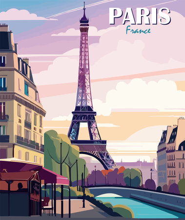 Paris, France Travel Destination Posters in retro style. Paris cityscape with Eifel Tower print. European summer vacation, holidays concept. Vintage vector colorful art illustrationsのイラスト素材
