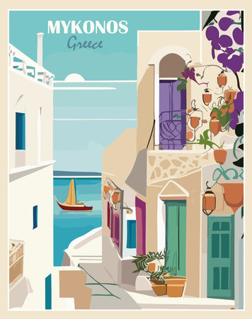 Mykonos Island, Greece Travel Destination Poster in retro style. European summer vacation, Mediterranean holidays concept. Vintage vector colorful art illustrationsのイラスト素材