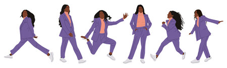 Set of Businesswoman character in different poses. Pretty black girl in formal purple suit standing and walking, running, jumping, front and side view. Vector realistic illustration isolated on whiteのイラスト素材