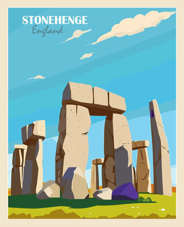 Stonehenge, England Travel Destination Poster in retro style. European summer vacation, holidays concept. Vintage vector colorful illustrationのイラスト素材