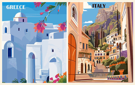 Set of Greece, Italy Travel Destination Posters in retro style. Santorini, Greece, Taormina, Sicily, Italy print. European summer vacation, holidays concept. Vintage vector colorful art illustrationsのイラスト素材