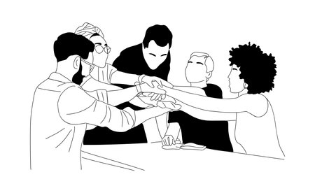 Multinational Business team members working together. Set of multiracial men and women characters joined their hands. Vector outline black hand drawn illustration Isolated on white backgroundのイラスト素材