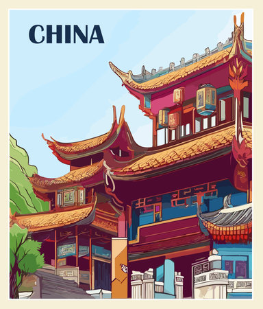 China Travel Destination Poster in retro style. Exotic summer vacation, international holidays concept. Vintage vector colorful art illustrationのイラスト素材