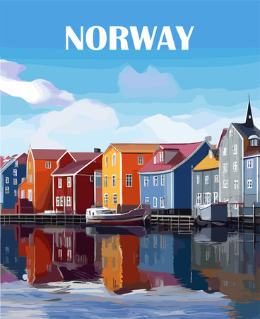 Norway Travel Destination Poster in retro style. European summer vacation, international holidays concept. Vintage vector colorful art illustration landscape sceneのイラスト素材