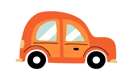 Cartoon orange passenger car. Side view. Doodle Icon, Logo, print template. Cute empty automobile. Kids road transportation vehicle. Hand drawn trendy Vector illustration isolated on white backgroundのイラスト素材