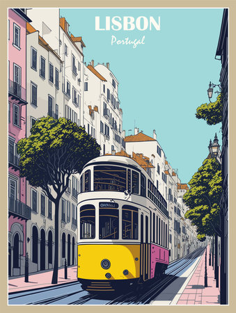 Lisbon, Portugal Travel Destination Poster in retro style. European summer vacation, international holidays concept. Vintage vector colorful art illustrationのイラスト素材