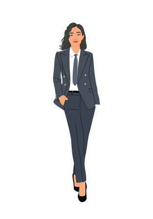 Business woman character in formal suit and tie standing front view. Pretty girl business lady boss wearing fashionable office outfit. Vector realistic illustration isolated on white backgroundのイラスト素材