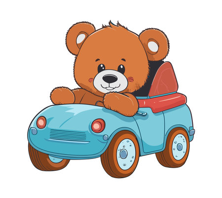 Cute Teddy Bear boy driving car. Plush toy bear cartoon vector illustration isolated on white background. Trendy design element for children print, greeting card, nursery wall artのイラスト素材