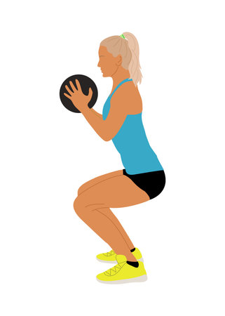 Young sporty woman exercising with ball, wearing colorful sportswear uniform. Professional female athlete training. Pretty Girl character. Vector realistic illustration isolated on white background.のイラスト素材