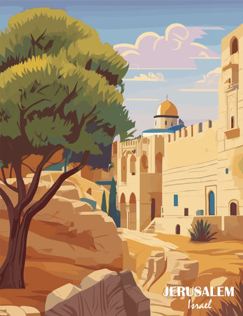 Jerusalem, Israel Travel Destination Poster in retro style. Digital art print. International travelling, summer vacation, holidays concept. Vintage vector colorful illustrationのイラスト素材
