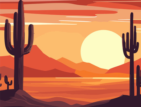 Desert landscape abstract art background. Texas western mountains and cactuses. Vector illustration of Wild West desert with red sky and sun. Design element for banner, flyer, card, sign templateのイラスト素材