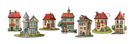 Set of Cute cartoon houses, city buildings in vintage style. Cosy old town home exteriors, retro architecture. Urban design elements Collection. Flat vector illustrations isolated on white backgroundのイラスト素材