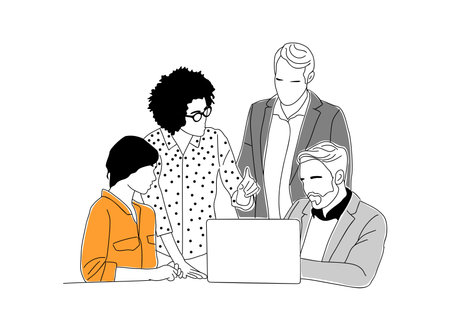 Team work business scene illustration. Diverse multinational men and women working together. Modern vector simple outline style illustration for graphic, web design on white backgroundのイラスト素材