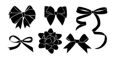 Black Monochrome decorative ribbon bows set. Holiday sign collection. Ribbon symbol, accessory logo, svg, cut files. Vector outline illustrations isolated on white backgroundのイラスト素材