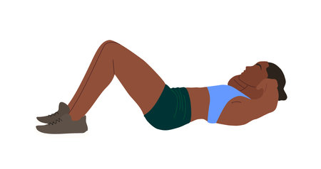Black sports woman exercising on the floor. African american Female athlete training. Pretty Girl doing fitness, pilates, abdominal exercise. Vector illustration isolated on white background.のイラスト素材